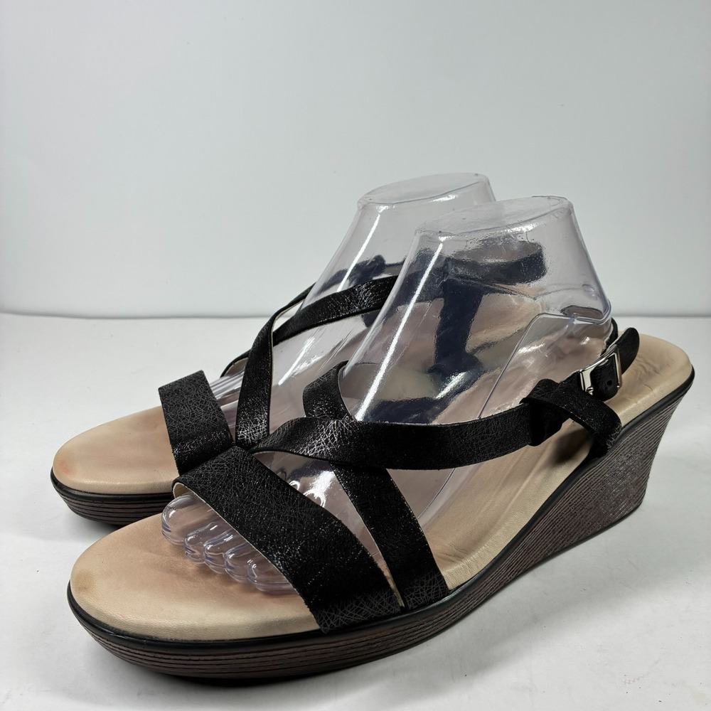 SAS Delight Women's US 12W Wide Black Web Cross-Strap Wedge Comfort Sandals